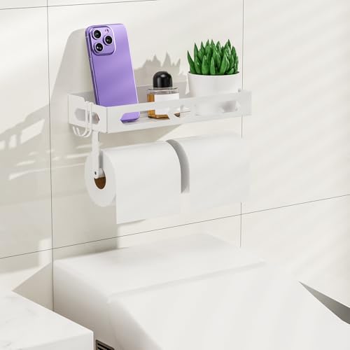 White Paper Towel Holder Wall Mount with Shelf - Adhesive Hand Towel Rack | Sturdy Metal Mounted Paper Towel Rack with 2 Hooks, Space-Saving for Bathroom, Kitchen, RV Camper - color: White