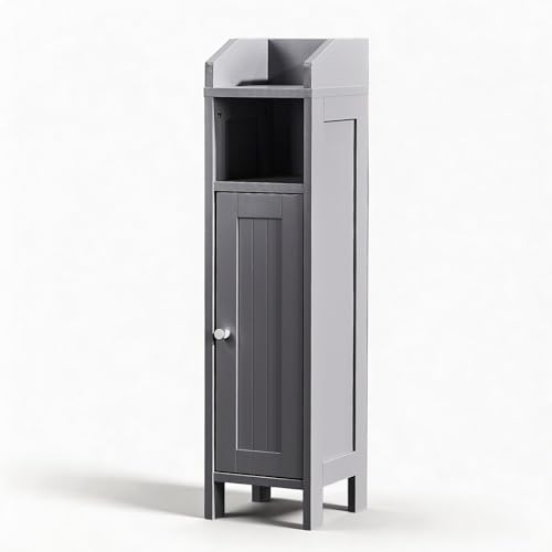 Karl home Grey Corner Storage Cabinet, Slim Freestanding Bathroom Organizer | Slim Single Door Freestanding Cabinet with Adjustable Shelves, Space Saving Toilet Storage for Small Bathroom Spaces