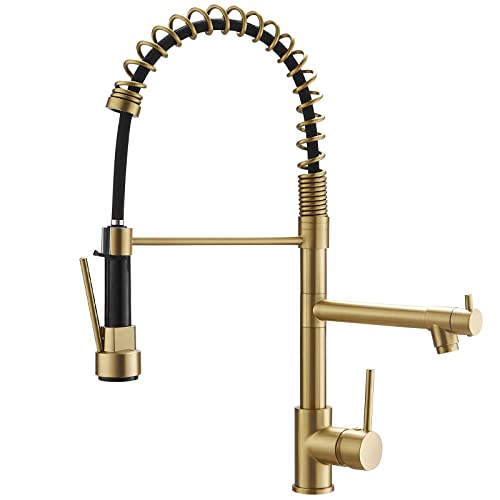 Brushed Gold Kitchen Faucet with Pull Down Sprayer, AIMADI Commercial Gold Kitchen Sink Faucet Single Handle Spring Two Nozzles Faucets - color: Brushed Gold, style: Contemporary