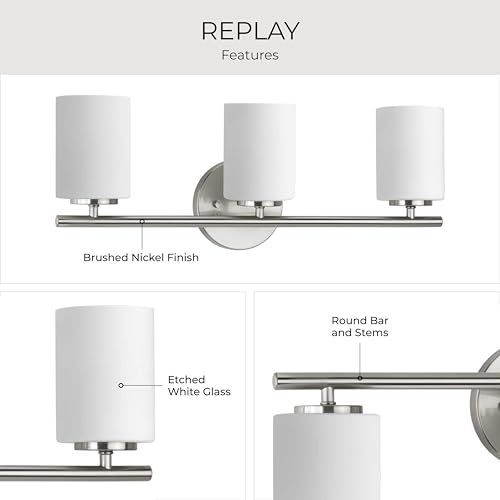 Replay Collection 3-Light Etched White Glass Modern Bath Vanity Light Brushed Nickel - color: Brushed Nickel, size: 3-Light