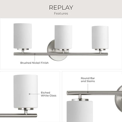 Replay Collection 3-Light Etched White Glass Modern Bath Vanity Light Brushed Nickel - color: Brushed Nickel, size: 3-Light