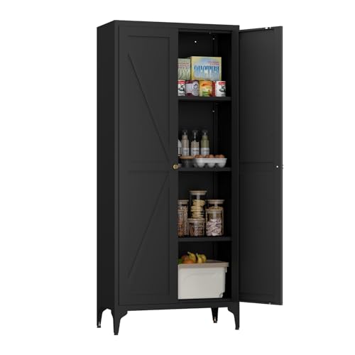 65"H Kitchen Pantry Storage Cabinets with 2 Doors and 3 Adjustable Shelves, Tall Metal Storage Cabinet with Adjustable Feet, White Cupboard for Kitchen, Dining Room, Living Room and Bathroom - color: Black, size: 65H
