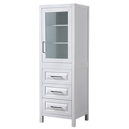 Wyndham Collection Daria Linen Tower in White with Matte Black Trim, Shelved Cabinet Storage, and 3 Drawers