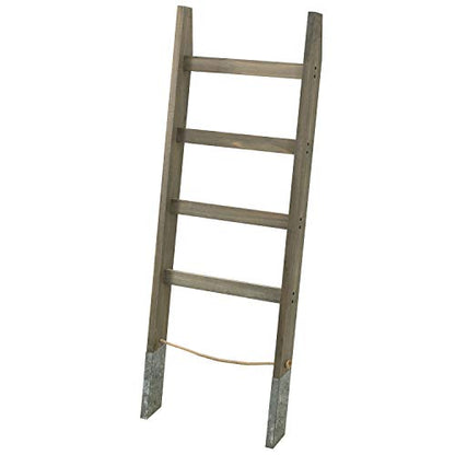 MyGift 55'' Wood Wall Leaning Blanket Ladder with 4 Rung, Farmhouse Living Room and Bathroom Towel Rack with Decorative Rustic Galvanized Silver Metal Legs and Rope - color: Gray Brown