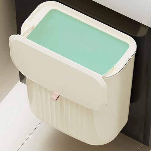 Hanging Trash Can Kitchen Compost Bin with Lid, 7/9 Liter Wall-Mounted Garbage Can for Kitchen Cabinet Door, Small Under Sink Trash Can for Cupboard, Bathroom, Office (White, 9L) - size: 9L