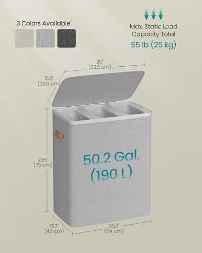 SONGMICS Laundry Basket, 50.2 Gal. Laundry Hamper, 3 Compartments, Easy Assembly, with Lid and Handles, Removable Liners, 25.2 x 15.7 x 29.5 Inches, Dove Gray ULCB814GD01 - color: Dove Gray, size: 190 L (3-Section)