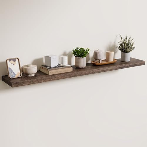 Axeman Floating Shelves for Wall, Rustic Elm Wood 48'' x 8" Deep Wall Shelf with Invisible Bracket, Large Long Wall Mounted Storage Shelves for Living Room, Bedroom, Kitchen, Bathroom Decor, Walnut - color: Walnut With Flat Edge, size: 48 inches - 1P