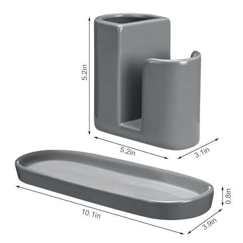 3 in 1 Ceramic Kitchen Sink Caddy Dish Sponge Holder Scrub Brush Holder and Soap Tray for Kitchen Organizer Rustic Farmhouse Supplies (Gray) - color: Gray