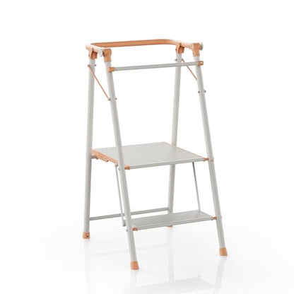 Foldable Toddler Tower, 2-in-1 Alloy Steel Kids Kitchen Step Stool & Adult 2-Step Ladder, Folding Kitchen Tower with Removable Safety Rail, Anti-Slip Steps for Kitchen & Bathroom - color: Peach Fuzz & White