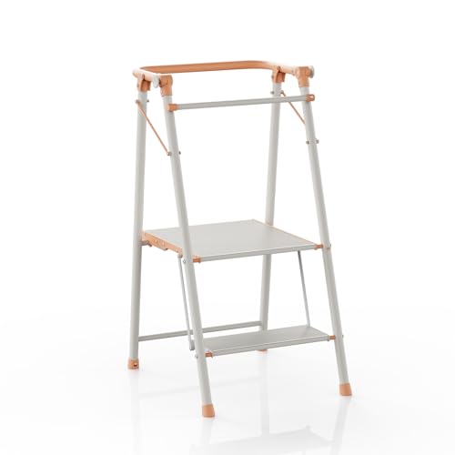 Foldable Toddler Tower, 2-in-1 Alloy Steel Kids Kitchen Step Stool & Adult 2-Step Ladder, Folding Kitchen Tower with Removable Safety Rail, Anti-Slip Steps for Kitchen & Bathroom - color: Peach Fuzz & White