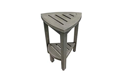 CoastalVogue Snazzy Corner Gray Teak Shower Bench with Storage Shelf | Crafted from 100% solid plantation teak, this corner shower seat resists moisture and outperforms bamboo
