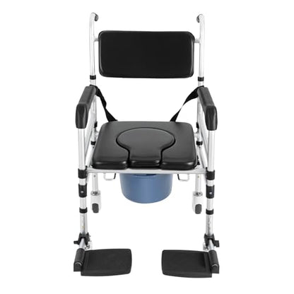 Shower Chair with Wheels, Rolling Commode Chair for Toilet with Arms, Adjustable Height Folding Bath Commodes for Inside Shower, Bedside Wheelchair Bathroom Chairs for Elderly Disabled Injured