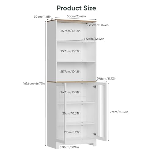 Smart FENDEE 66.77“ Tall Bathroom Storage Cabinet with 3 Open Shelves & Concealed Closed Storage, Farmhouse Freestanding Cabinet with Louvered Doors for Bathroom, Laundry Room, Kitchen - size: 66.77" Tall Floor Cabinet