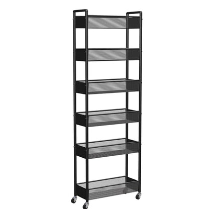 6-Tier Slim Rolling Storage Cart with Wheels,12.6" Raised Bottom Basket for Tall Bottles,Narrow Metal Utility Cart Organizer for Kitchen,Bathroom,Laundry Room,Gaps & Corners,Black