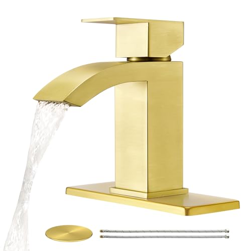 CREA Gold Waterfall Bathroom Faucet Single Hole,Brushed Gold Faucet for Bathroom Vanity Single Handle Bathroom Sink Faucet 1 Hole,Stainless Steel Utility Sink Faucet for RV Bar Lavatory(Pop Up Drain) - color: Brushed Gold, style: Rectangular Spout