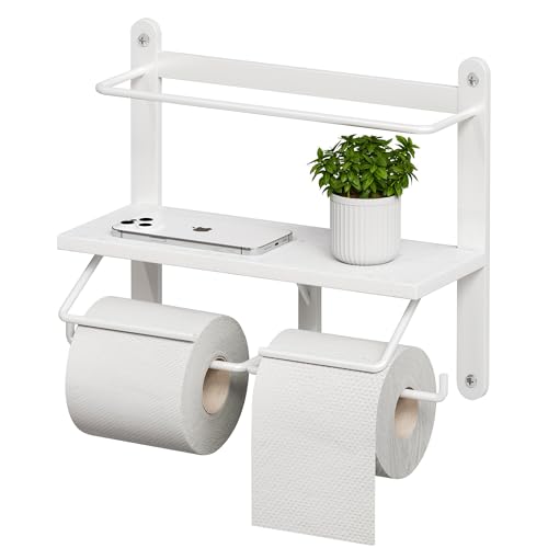 Homeiju Double Toilet Paper Holder with Shelf, Wooden Wall-Mounted Toilet Paper Roll Holder, Wall-Mounted Bathroom Organizer, Double Roll, Suitable for Bathrooms(White)