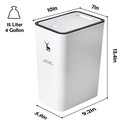 XPIY Trash Can with Lid, 2 Pack 4 Gallons/15 Liters Garbage Can | Small plastic waste basket with press top, dog proof design for bathroom|kitchen|bedroom|office use. (White) - color: WhiteWhite