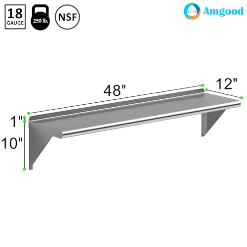 AmGood 48" Long X 12" Deep Stainless Steel Wall Shelf | NSF Certified | Appliance & Equipment Metal Shelving | Kitchen, Restaurant, Garage, Laundry, Utility Room - size: 48" Long X 12" Deep