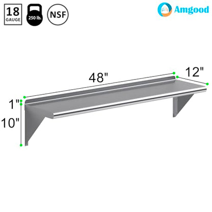 AmGood 48" Long X 12" Deep Stainless Steel Wall Shelf | NSF Certified | Appliance & Equipment Metal Shelving | Kitchen, Restaurant, Garage, Laundry, Utility Room - size: 48" Long X 12" Deep
