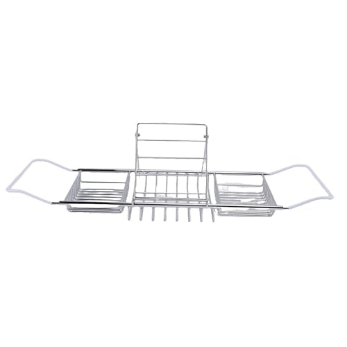 Yctze Stainless Steel Bathtub Tray, Adjustable Shower Tub Caddy with Extendable Sides & Removable Book Holder for Bathroom Accessories (Silver) - color: Silver
