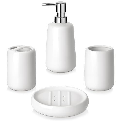 vancasso White Bathroom Accessories Set, Ceramic Soap Dispenser and Toothbrush Holder Sets, Stoneware 4 Pcs Bathroom Sink Set for Modern Home Decor - style: White