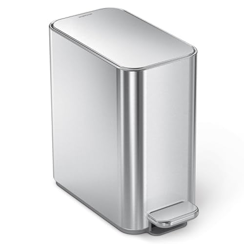 simplehuman Slim Step Can, 5L / 1.3 Gallon Compact Bathroom Trash Can, Liner Pocket®, Sleek Internal Hinge, 150,000-Step All-Steel Pedal, Lid Shox® Silent Close, Brushed Stainless Steel - color: Brushed, size: 5L