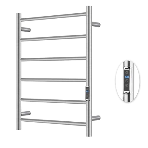 Heated Towel Racks for Bathroom, Wall Mounted Electric Towel Warmer Racks with Timer & Temperature Control, 6 Bar Stainless Steel Towel Heater for Bathroom, Brushed Silver, Plug-in - color: Round-brushed Silver, size: 6 Bars