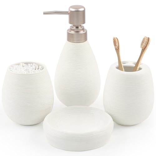 CERBIOR Bathroom Accessories Set,4 PCS Ceramic Bath Accessory,White | Includes Toothbrush Holder, Toothbrush Cup, Soap Dish for Decorative Countertop and Housewarming Gift - style: White