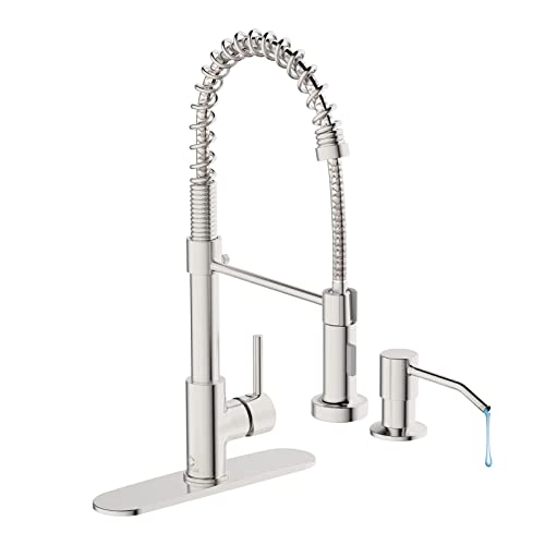Kitchen Faucet Set, Commercial Kitchen Sink Faucets with Pull Down Sprayer and Soap Dispenser, Stainless Steel Faucets for Kitchen Sinks, Single Handle Spring Faucet with Deck Plate - color: B-Brushed Nickel, style: Contemporary