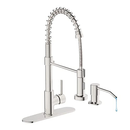 Kitchen Faucet Set, Commercial Kitchen Sink Faucets with Pull Down Sprayer and Soap Dispenser, Stainless Steel Faucets for Kitchen Sinks, Single Handle Spring Faucet with Deck Plate - color: B-Brushed Nickel, style: Contemporary