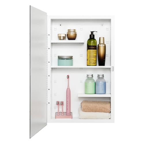 White 16x26 Medicine Cabinet, Beveled Mirror & Adjustable Staggered Shelves | Recessed or Surface Mount Bathroom Cabinet with Adjustable Staggered Shelves, Piano Hinge, Left/Right Swing & Fully Assembled - color: White, size: 16 x 26
