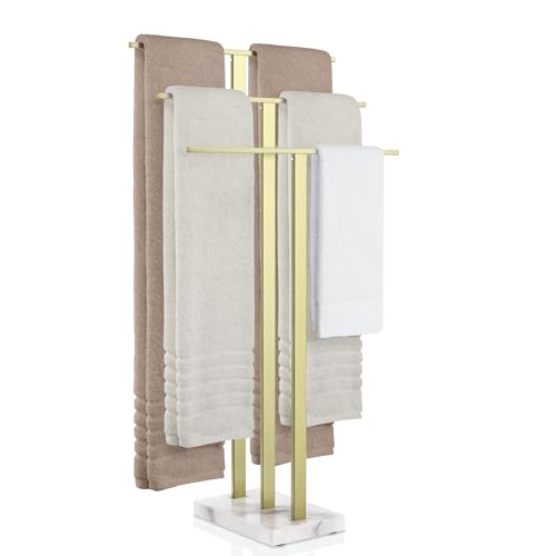 KES 3-Tier Freestanding Towel Rack with Marble Base, 36" Tall, Brushed Gold | Weighted Base Prevents Tipping, Anti-Slip Pads, No-Drill Assembly, Fits Bath Sheets And Hand Towels, For Humid Bathrooms - color: Gold