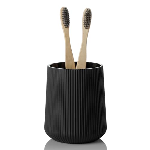 YAUKPH Black Striped Toothbrush Holder | for Electric Toothbrushes Bathroom Organizer Cup for Toothpaste Kids & Adults - color: Black Ribbed