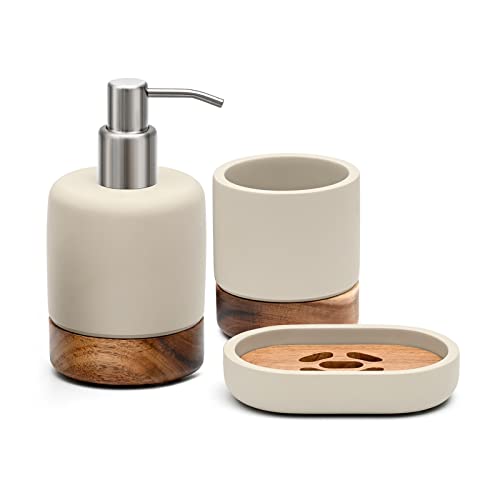 Bathroom Accessories Set 3 Piece Bath Ensemble Includes Soap Dispenser, Tumbler, Dish for Decorative Countertop & Housewarming Gift (Concrete with Acacia Wood) - style: Concrete with Acacia Wood