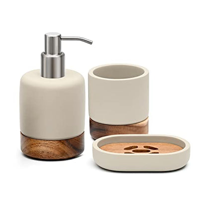 Bathroom Accessories Set 3 Piece Bath Ensemble Includes Soap Dispenser, Tumbler, Dish for Decorative Countertop & Housewarming Gift (Concrete with Acacia Wood) - style: Concrete with Acacia Wood