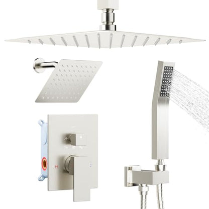 STARBATH Shower Faucet Set Shower System with Diverter Valve Brushed Nickel | 12 Inch Ceiling Mount Rain Shower Head, 6 Inch Wall Mount Rainfall Shower Head and Handheld Spray for Two Person - color: Brushed Nickel, size: 12"+6"-02