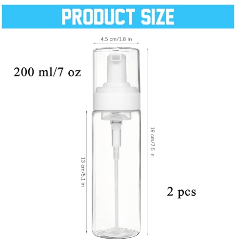2PCS 200ml/7oz Foam Pump Bottles, Travel Size Foaming Dispenser | Reusable travel foam pump bottles for hand soap, lash cleanser, shampoo & body wash