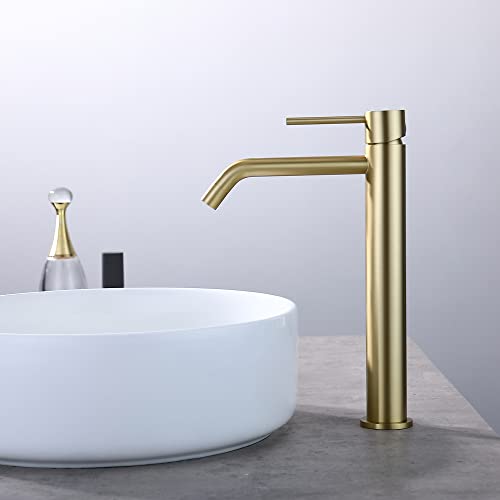 Brushed Gold Vessel Sink Faucet with Pop Up Drain and Supply Lines, Stainless Steel Gold Vanity Faucet Single Hole, JXMMP Single Handle Bathroom Faucet Gold, JXM1001BG - color: Brushed Gold, size: Tall Faucet