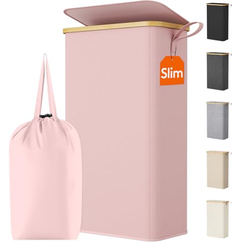 Lifewit 75L Slim Laundry Hamper with Lid, Narrow Laundry Basket with Removable Bag & Bamboo Handles, Fodable Thin Dirty Clothes Hamper for Laundry Collapsible Bin for Bathroom Bedroom Dorm, Pink - color: Pink, size: 75L