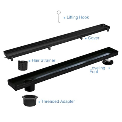 32 Inch Offset Linear Shower Drain,Black SUS304 Stainless Steel | Offset Side Outlet,Matte Black,Easy to install,ADA Barrier-Free,Tile-In Grate,Hair Catcher,Leveling Feet,Complete Install Kit - color: Matte Black, size: 32 inch