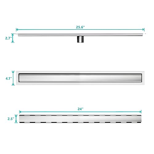24 inch Linear Shower Drain with Tile Insert Grate Cover | Brushed 304 Stainless Steel Bonding Flange Linear Drain, Low Profile Linear Shower Drain with Hair Strainer - color: 24 in, size: Tile-insert