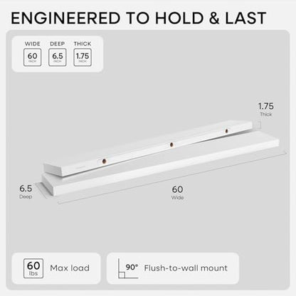 Floating White Shelf 60 inches, High End Solid Real Wood 60inch Long Floating Shelves for Wall Mounted, White Wooden 60in Floating Shelves, Heavy Duty Bracket, 60 X 6.5 X 1.75 inch, Set of 2 - color: Classic White - Soft Neutral Satin, size: 60 inch