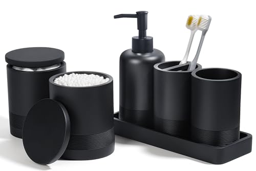 Bathroom Accessories Set, 6-Piece Bathroom Accessory Set, Toothbrush Holders Set, Soap Dispenser, Vanity Tray, Tumbler, Cotton Swab Jars, Bathroom Organizer for Modern Bathrooms(Matte Black) - color: Matte Black