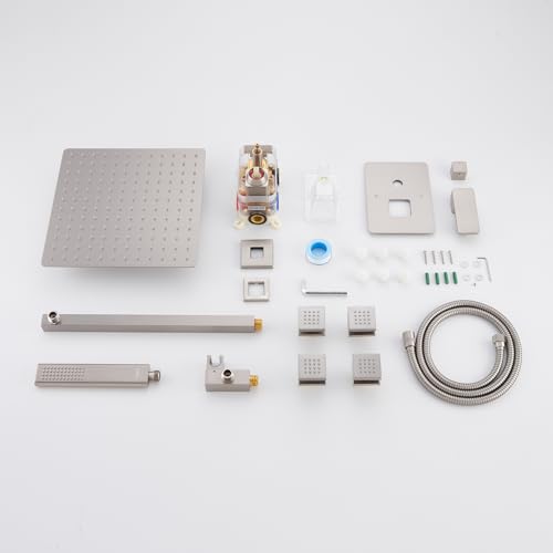 Iriber Brushed Nickel Square Rain Shower System with 4 PCS Body Jets 3 Function Shower Faucet Set Wall Mounted Pressure Balance Shower Trim Kit (Valve Included) - color: Brushed Nickel 03