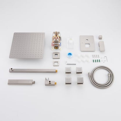 Iriber Brushed Nickel Square Rain Shower System with 4 PCS Body Jets 3 Function Shower Faucet Set Wall Mounted Pressure Balance Shower Trim Kit (Valve Included) - color: Brushed Nickel 03