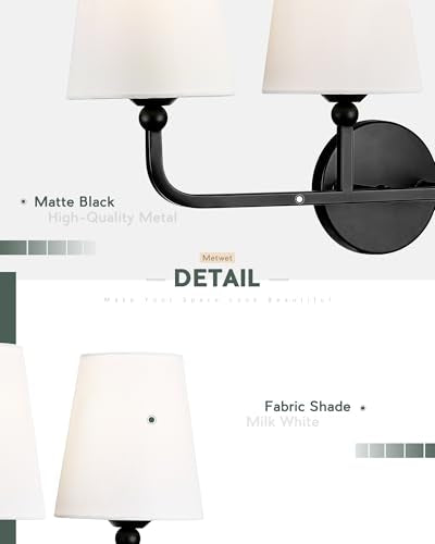 2-Light Matte Black Bathroom Vanity Light, White Fabric Shades | 17" double wall sconce, upward only, E26 base, hardwired, bulbs not included, VL837-MB-2 - color: Matte Black, size: 2-light