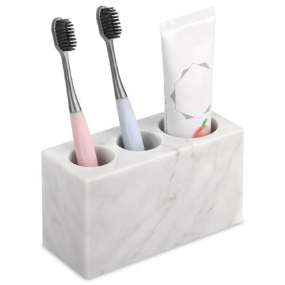 Natural Marble Toothbrush Holder, Carrara White, 3 Slots | Large Bathroom Organizer Countertop, Ventilation Design, Stone Toothbrush and Toothpaste Stand, Non-Slip Silicone Pads - color: Carrara White, size: 3 Slots