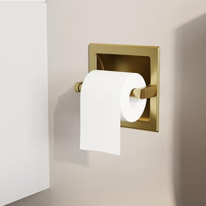 Recessed Gold Toilet Paper Holder Wall Mounted 304 Stainless Steel | Brushed Brass Post Pivoting Design Easy to Change Roll, in Wall Toilet Paper Holder for Mega Roll Waterproof & Rustproof - color: Gold
