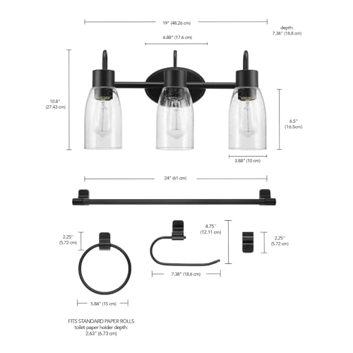 Globe Electric 63000205 5-Piece All-in-One Bathroom Accessory Set with 19" 3-Light Vanity Light, Matte Black, Seeded Glass Shades, Towel Bar, Robe Hook, Toilet Paper Holder, Towel Ring, Powder Room - color: Black, Seeded Shades