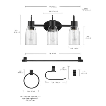 Globe Electric 63000205 5-Piece All-in-One Bathroom Accessory Set with 19" 3-Light Vanity Light, Matte Black, Seeded Glass Shades, Towel Bar, Robe Hook, Toilet Paper Holder, Towel Ring, Powder Room - color: Black, Seeded Shades